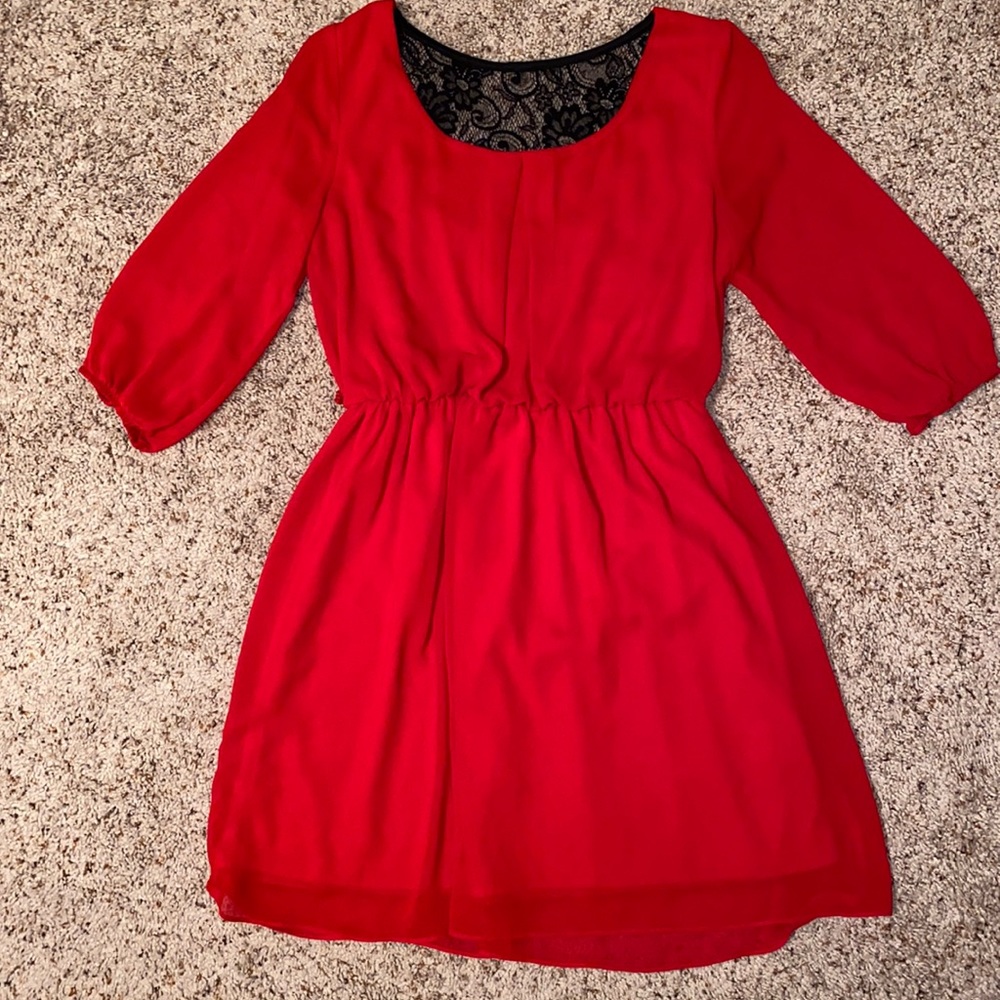 Red 3/4 Sleeve Dress with Black Lace Back Detail